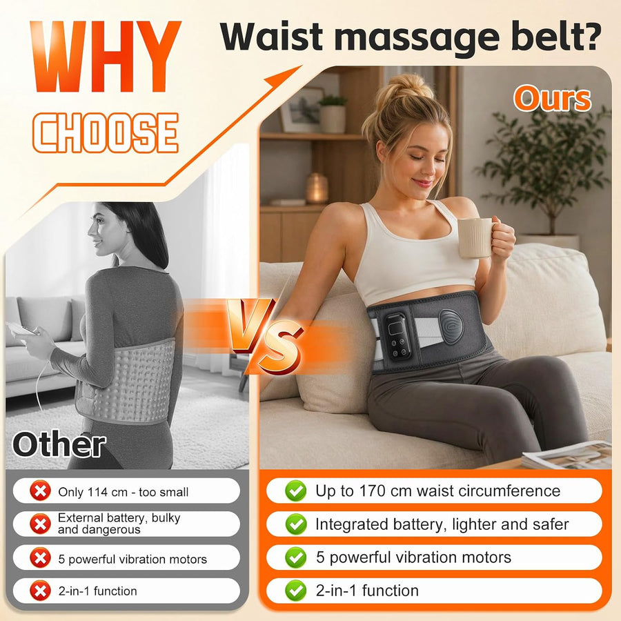 Ceinture chauffante pour le dos, coussin chauffant, masseur sans fil avec 5 modes de massage et 5 niveaux de chaleur, batterie 2000 mAh, arrêt automatique, pour soulager les maux de dos