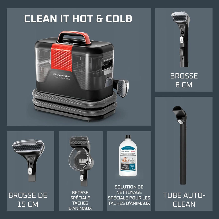 Rowenta - Shampouineuse Clean It Hot & Cold - 1150 w | Nettoyeur tapis et canapé puissant - Technologie PowerHeat 60°C - Élimine taches tenaces - Accessoires animaux inclus