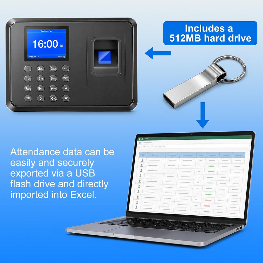 Pointeuse Horaire Personnel pour Petites Entreprises avec Clé USB Pointeuse Biométrique à Empreinte Digitale et Mot de Passe Jusquà 1000 Utilisateurs et 12 Langues, Sans WiFi, 0 Frais Mensuel