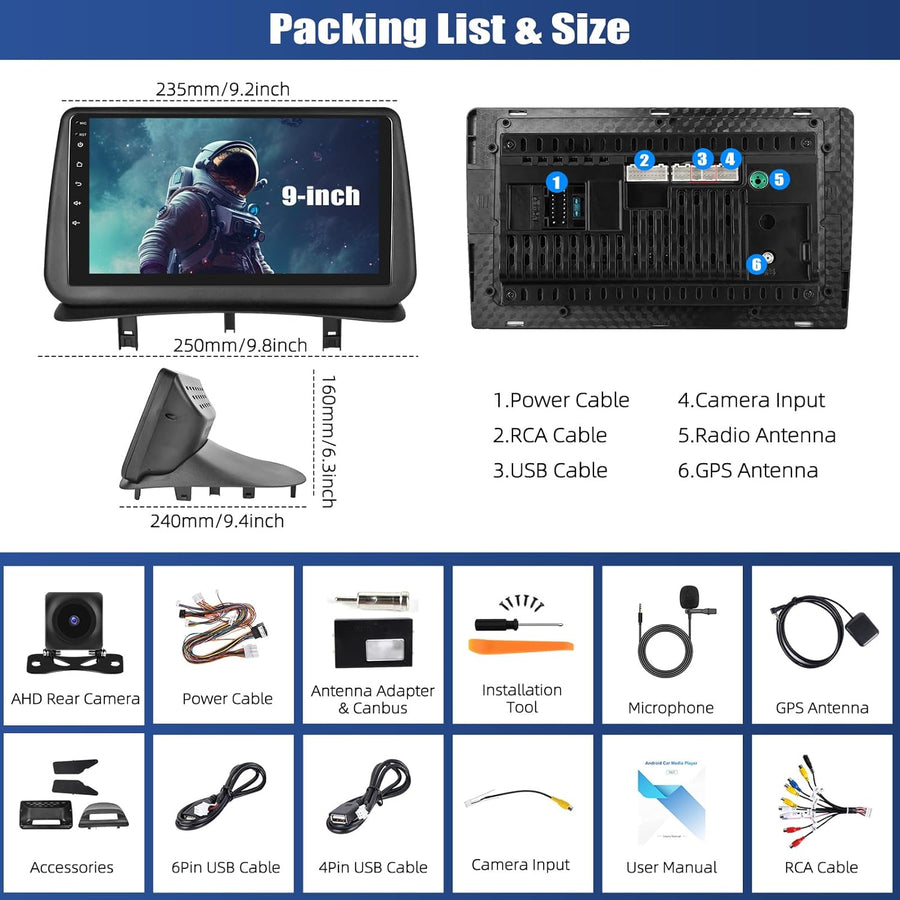 Autoradio 4 Go + 64 Go Android 15 pour Renault Clio 3 2005-2014 avec CarPlay Android Auto Mirror Link – Écran Tactile 9 Pouces Voiture, WiFi Bluetooth 5.0 FM/RDS 32EQ USB avec Caméra de recul