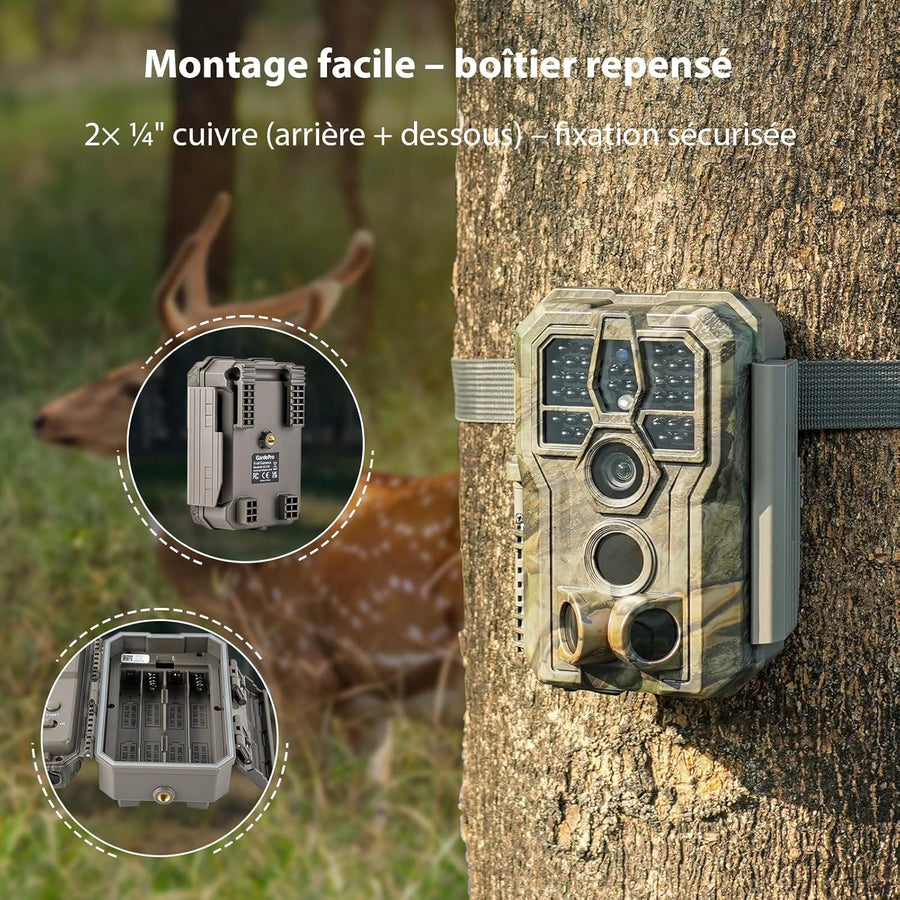 GardePro E5 2.0 Pro 4K Camera de Chasse, Carte SD de 64 Go, 64MP Caméra de Chasse, Camera Vision Nocturne Animaux Exterieur, Piege Photographique, Camera Detecteur de Mouvement