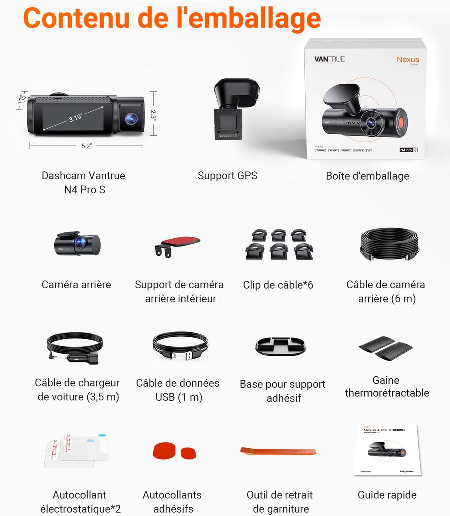VANTRUE N4 Pro S Dashcam Voiture 3 Canaux 4K+1080P+1440P Avant Int Arrière STARVIS2, HDR, Vue 360°, Vision nocturne IR, WiFi 5GHz GPS, Mode Parking 24h, Commande vocale FR, Carte MAX 1To, N4PSRC18