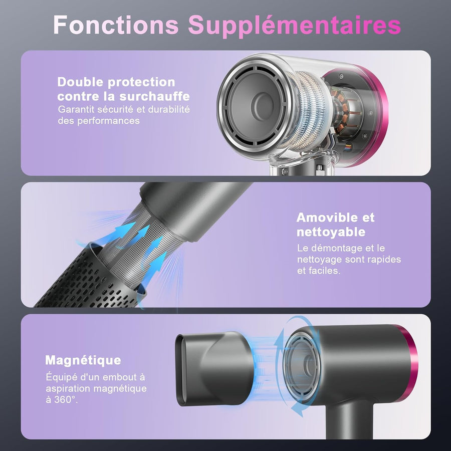 Sèche-Cheveux Ionique 1350W Moteur Sans Balais Haute Vitesse 110 000 tr/min, 2 Vitesses et 4 Températures, Seche Cheveux Professionale avec Embout Magnétique, 50dB pour Voyage et Maison