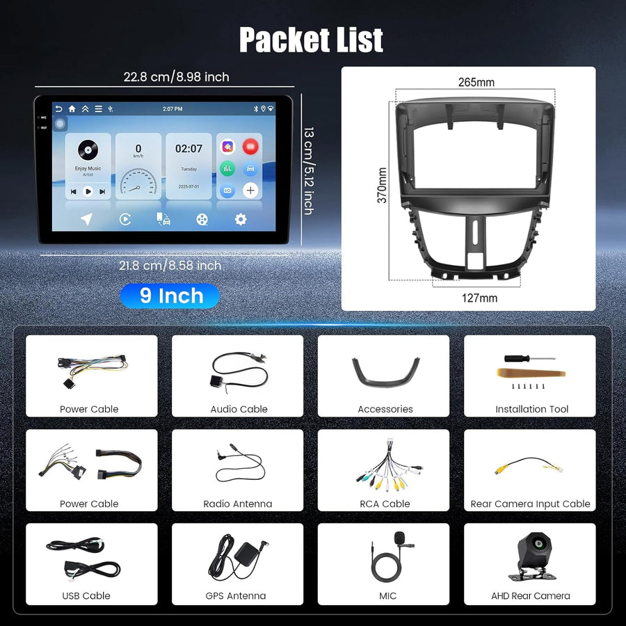 Autoradio 4+64G pour Peugeot 207 2006-2015 avec CarPlay Android Auto | 9" Incell Android 15 Radio avec FM RDS EQ Bluetooth Navigation GPS Sortie Vidéo Split-Screen SWC USB WIFI Caméra Microphone