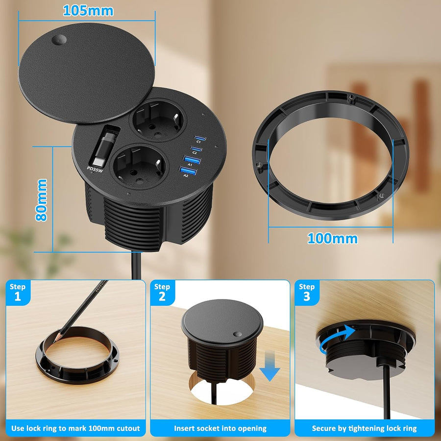 Multiprise Encastrable avec Câble USB-C Rétractable PD 35W, Noir | Prise Encastrable Plan de Travail, 2 USB-C, 2 USB-A, 1,8M Câble, Bloc Prise Escamotable avec Couvercle, Découpe Ø100 mm