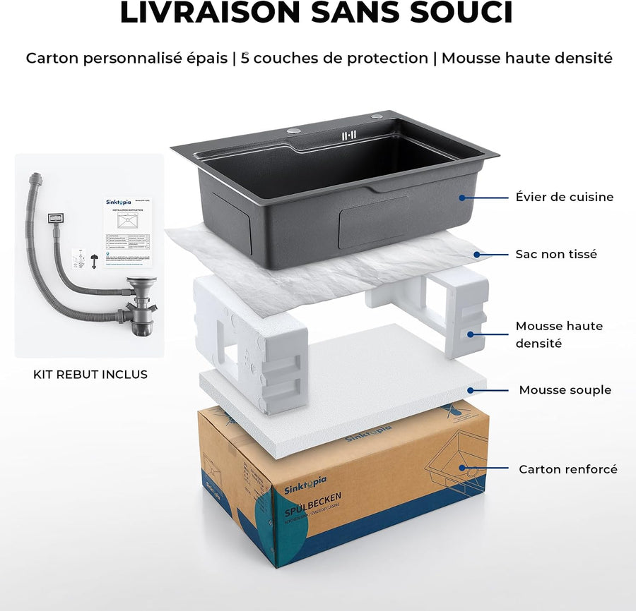 Évier Multifonction Inox Évier 1 Bac Grand Evier de Cuisine 68×48 cm Lavabo Cuisine avec Robinet Coulissant Résistant aux Rayures Vidange Rapide Avec Accessoires et Kit de tri des Déchets