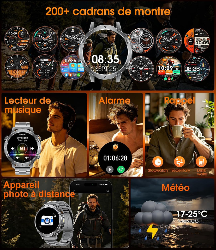 Montre Connectée Homme, Batterie 1400mAh, Écran HD 1,7 Pouce, Lampe LED, 110+ Modes Sport Montre Militaire Homme, Suivi Sommeil, IP68 Étanche, Smartwatch pour Android iOS, 2 Bracelets, Noir Gris