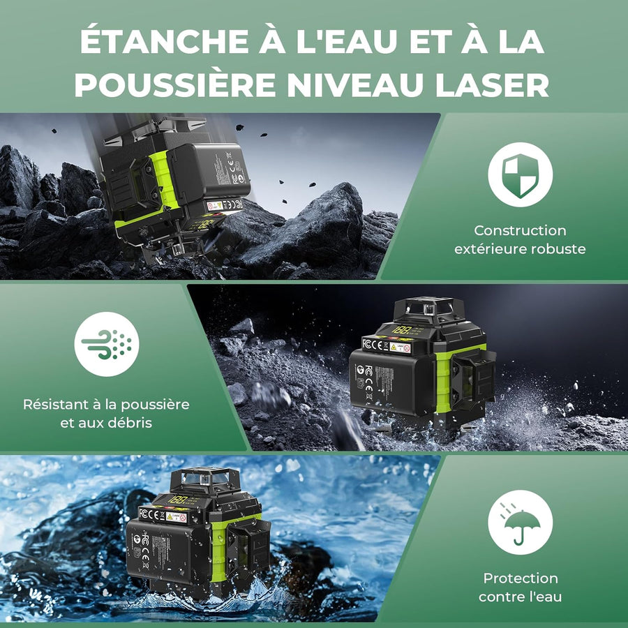Niveau Laser Chantier Autonivelant 360° x 4, Lazer Niveaux 4D 16 Lignes Laser, Autonivellement et Mode Pulsé Extérieur, 2 x Batterie, Nivellement Automatique, Support Rotatif, Télécommande