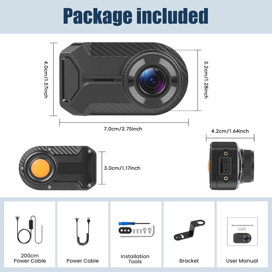 Mini Dashcam pour Moto, 1080P Caméra IP66 Avant étanche sans écran, Grand Angle 110°, Vision Nocturne, Application WiFi, Enregistrement en Boucle