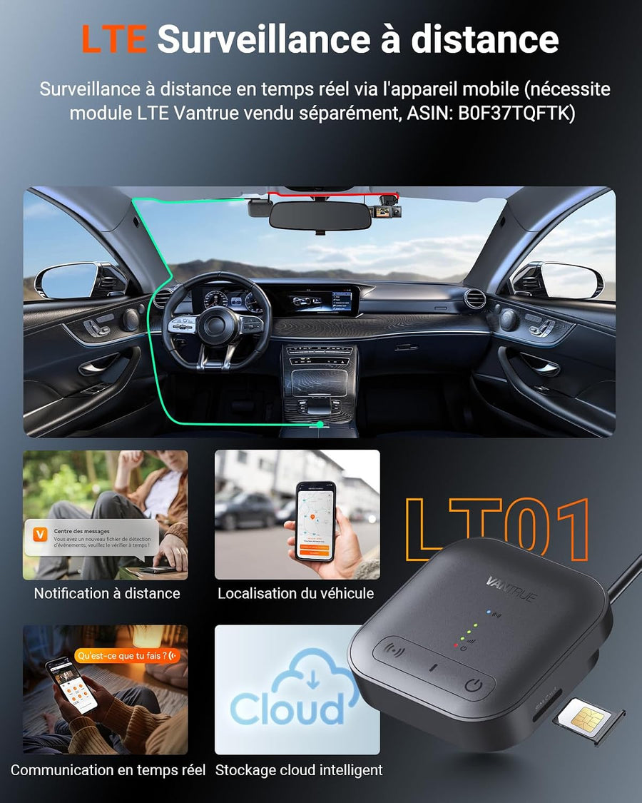 VANTRUE N4S Dashcam Voiture 3 Canaux 2.7K+2.5K+2.5K Avant Intérieur Arrière STARVIS 2, HDR, Vision Nocturne IR, WiFi 5GHz, GPS, Commande Vocale Français, Pré-enregistrement 15s, Compatible 1To, N4SRC18