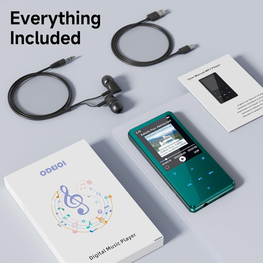 Lecteur MP3 Bluetooth 5.3 64Go écran 2,4" Touches tactiles Haut-Parleur Boîtier en métal, 45 h d'autonomie, 18 sons relaxants, radio FM, extensible jusqu'à 128Go