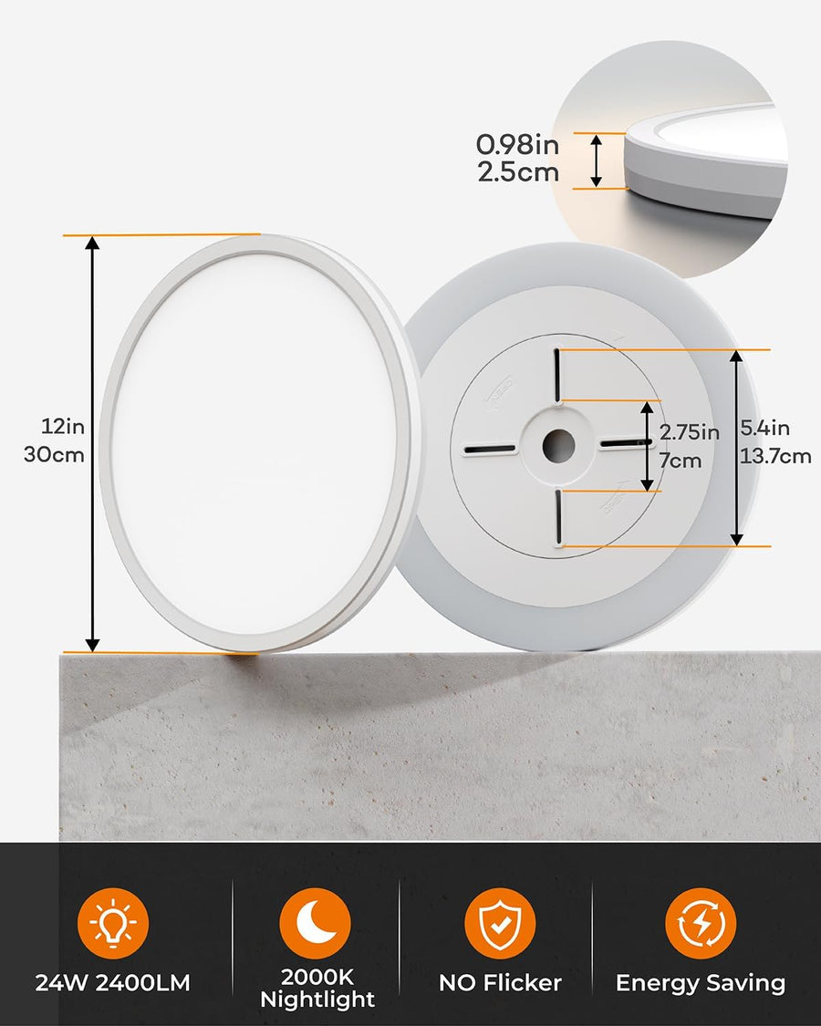 Plafonnier LED avec veilleuse 24W, 3 CCT, rond Ø30cm Blanc | Lampe à panneau plat pour chambre, chambre d'enfant, couloir, cuisine, avec veilleuse 4W et 3 couleurs chaud, neutre et froid