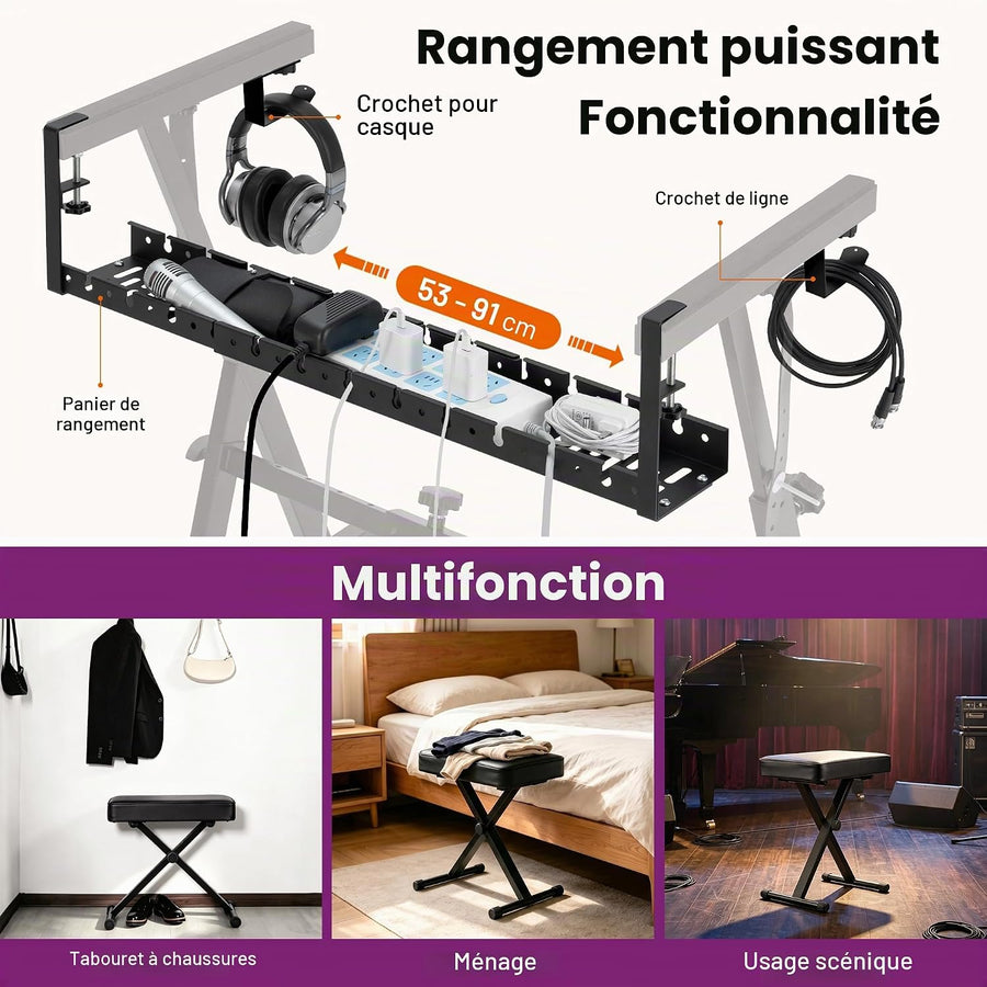 Support Clavier en Z avec Banc, Support Piano Numérique Réglable, panier de rangement intégré, très stable, roulettes verrouillables, montage facile