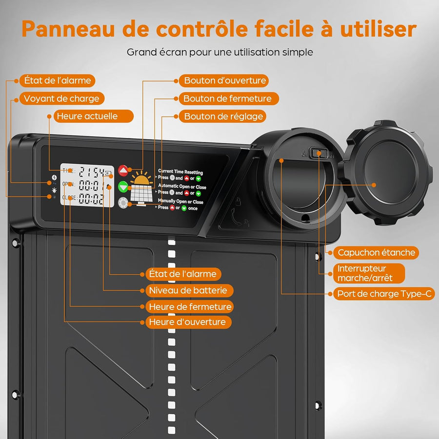 Grande Porte Automatique Poulailler Solaire, Porte Automatique Poulailler en Aluminium avec Minuterie, Télécommande, Fonction Anti-pincement, Écran LCD Étanche