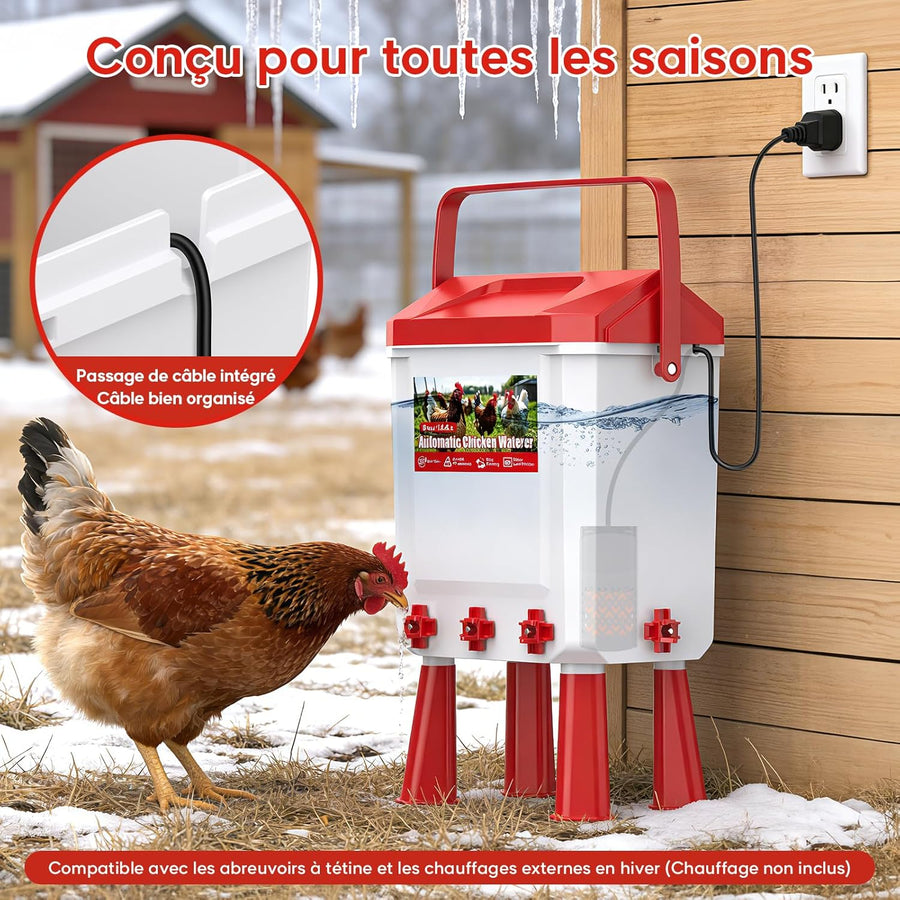 Abreuvoir Poules Automatique 10 litres avec Pieds, 8 Bols, Flotteur Filtré Contrôlé