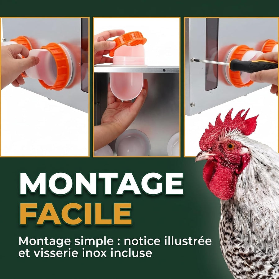 Mangeoire Poules Anti-Nuisible Grande Capacité 18 kg / 30 L – Distributeur de Graines Automatique Acier Galvanisé, 6 Ports & Fenêtre de Niveau – Mangeoire Poule Extérieur Poulailler
