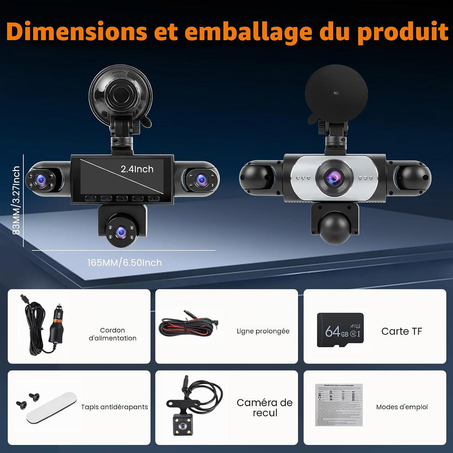 Dashcam 360° 5 Canaux 1080P Carte SD 64 Go Avant Arrière Intérieur. G-Sensor. Vision Nocturne. Grand Angle. Enregistrement en Boucle