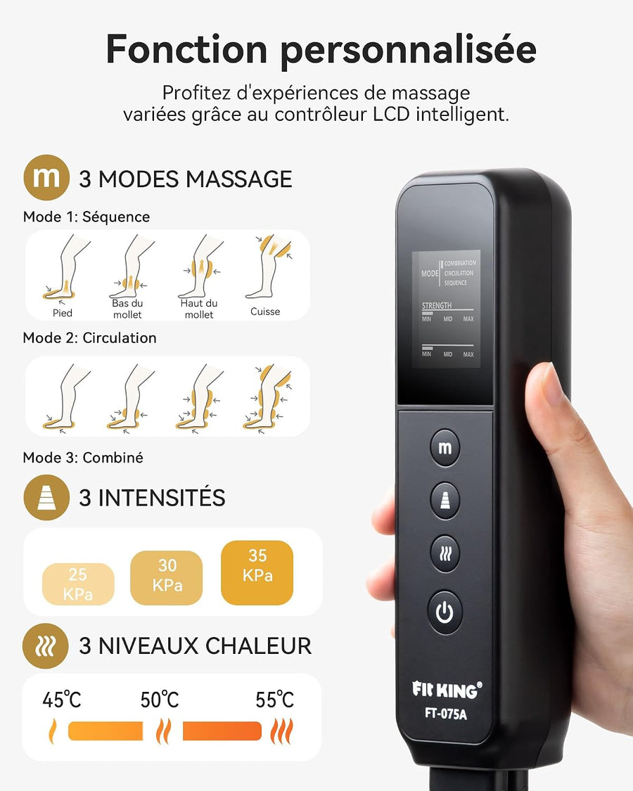 Masseur de jambes pour pieds, mollets, cuisses et chaleur 3 modes et 3 intensités pour soulager les tensions au quotidien et détendre les muscles des jambes