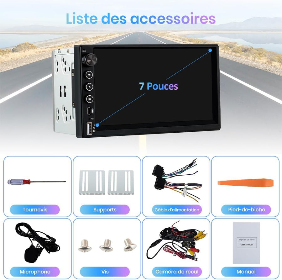 Autoradio 2 DIN Universel avec CarPlay & Android Auto sans Fil Bluetooth, GPS, FM, USB, Type-C, Commandes au Volant, Écran Tactile