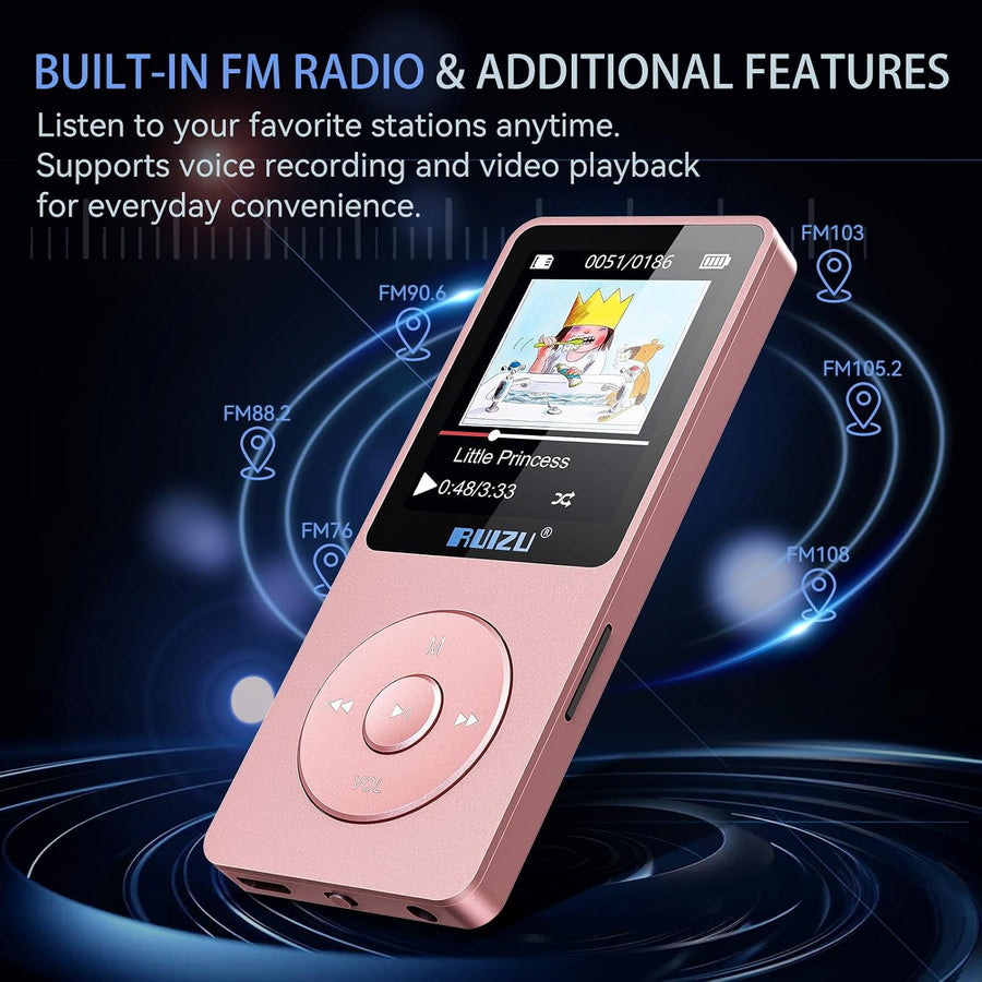 Lecteur MP3 64Go Bluetooth 5.3 Portable avec Touches Physiques | 30g ultra léger, écran 1,8", jusqu'à 80h de lecture, extension MicroSD 128Go pour musique au quotidien