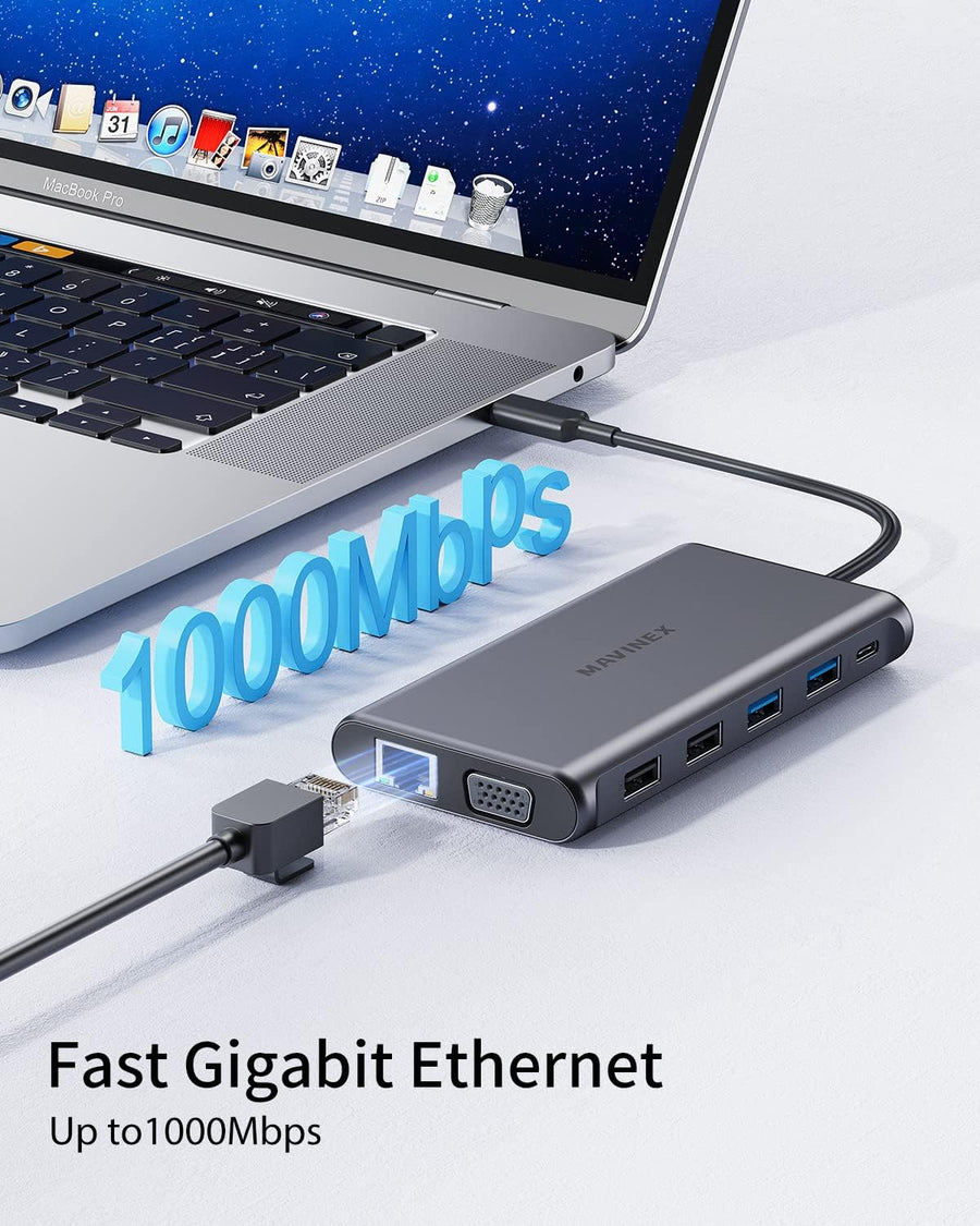 Hub USB C 12 en 1, MAVINEX Adaptateur USB C Multiport à Triple Affichage avec PD 100W, Double HDMI 4K et VGA 1080P, Ethernet RJ45, USB-C et 4 Ports de données USB-A, Lecture Carte SD/TF