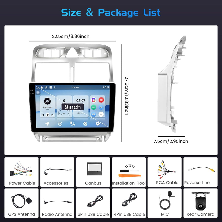 Autoradio 4+128G Android 15 pour Peugeot 307 307CC 307SW 2002-2013, 9'' In-Cell Bildschirm avec sans Fil Carplay et Android Auto Lien Miroir Radio FM/RDS GPS WiFi Bluetooth SWC Caméra de Recul