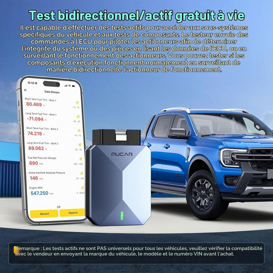 MUCAR BT200 Max AI Bluetooth, mises à Jour à Vie, Compatible ELM327, Outil de Diagnostic OBD2 Tous systèmes avec 15 réinitialisations pour iOS et Android, CANFD, authentification, FCA SGW