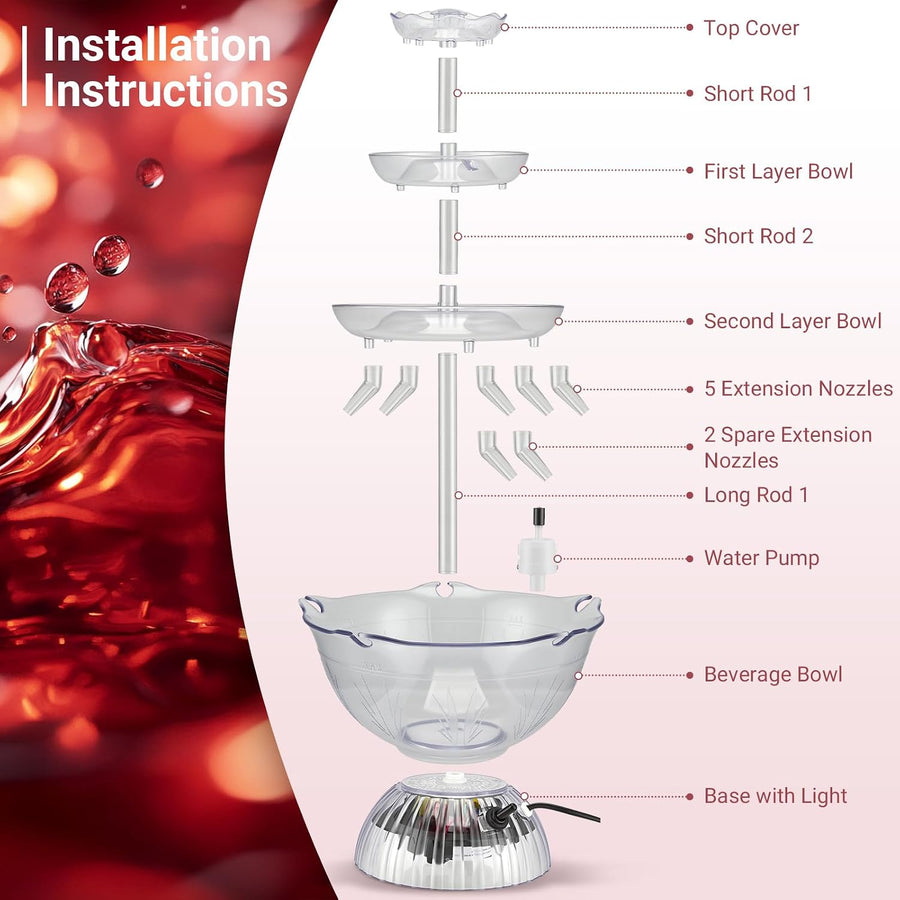 Fontaine de Fête 3 Niveaux avec LED et 5 Verres, pour Vin Rouge Jus Punch 4L Fontaine à Boissons Électrique, Réutilisables Fontaine à Vin Rouge pour Pubs, Fêtes à la Maison et Fêtes d'Anniversaire