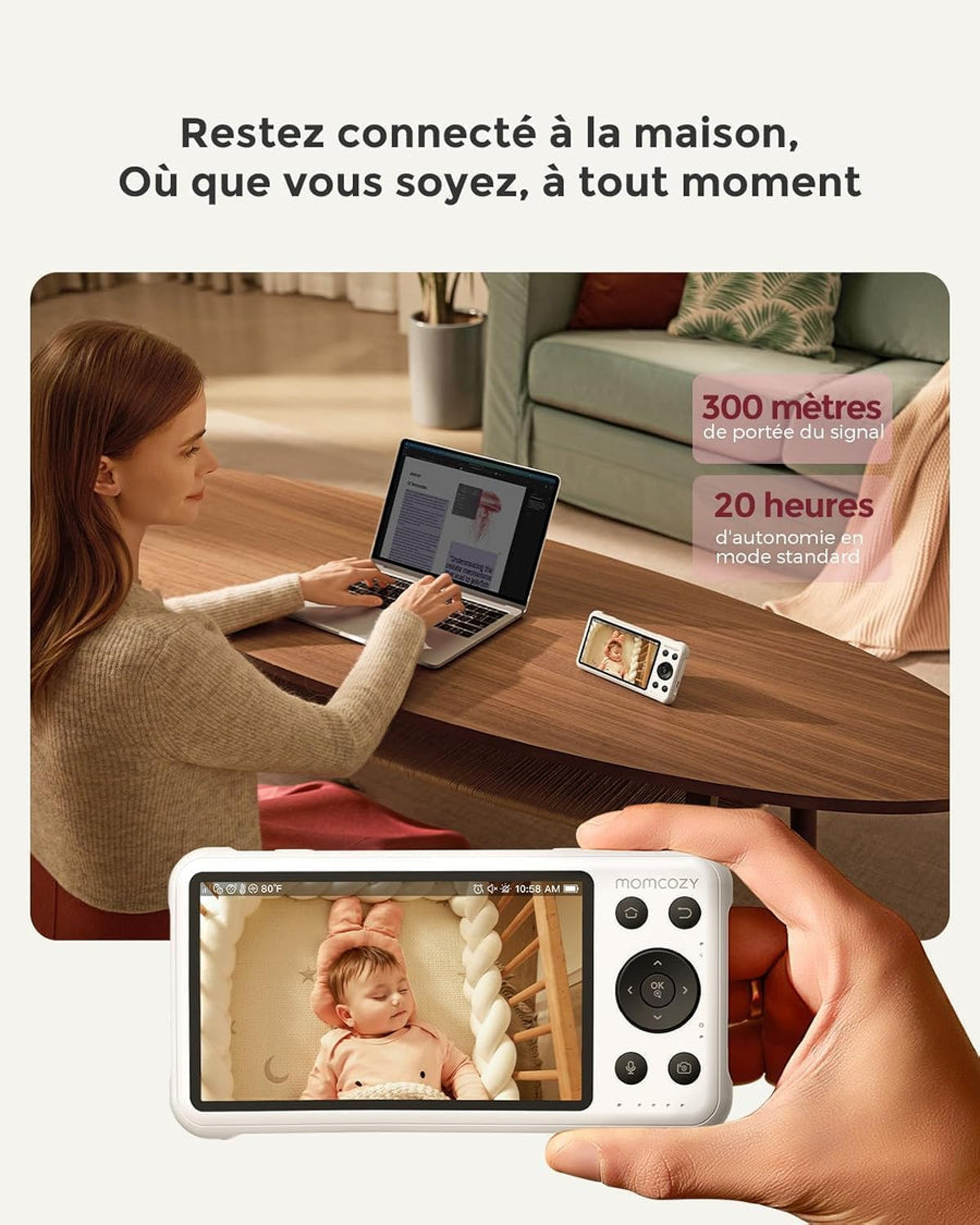 Babyphone Caméra BM04 | Écran 5 Pouces, avec ou sans WiFi | Livré avec 1 Caméra, Vision Nocturne 1080p, Portée 290 m, Autonomie 20h, Détection Pleurs et Mouvement
