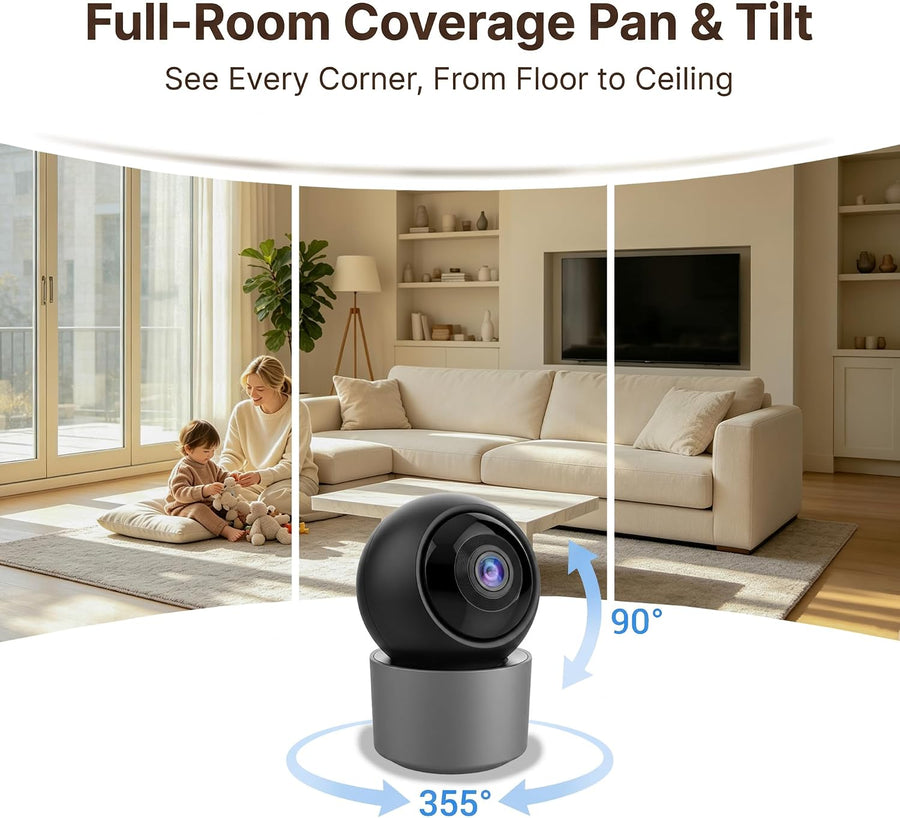 Caméra Sécurité Intérieur — Babyphone Animal Bébé 3MP 1296p Panoramique WiFi Double Bande 2.4/5GHz, 6 LEDs IR Vision Nocturne, Audio Bidirectionnel, Détection Mouvement Son, Stockage SD/Cloud