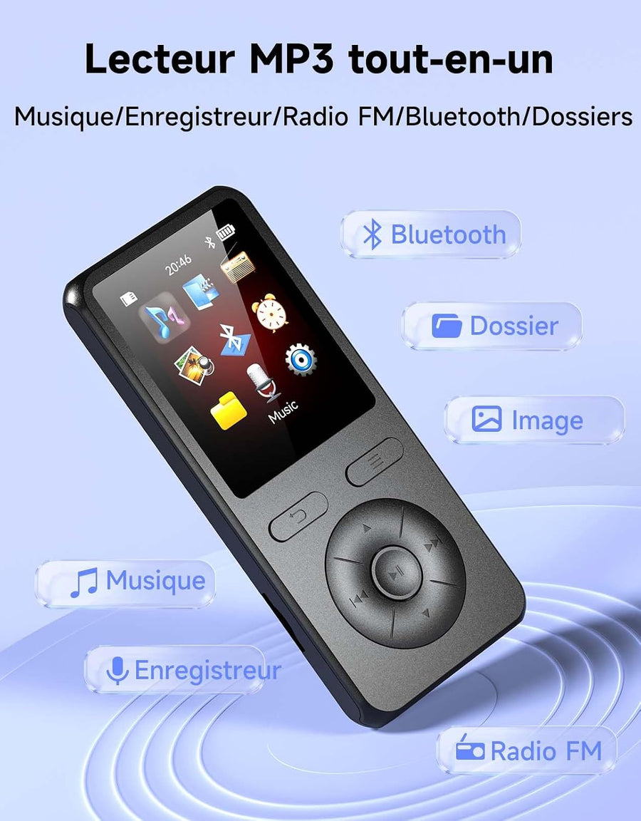 Lecteur MP3 64Go avec Bluetooth 5.3, Haut-Parleur intégré, Bouton Physique lecteur de musique portable, qualité sonore HiFi, fonction d'enregistrement radio FM,Carte mémoire extensible jusqu'à 128 Go