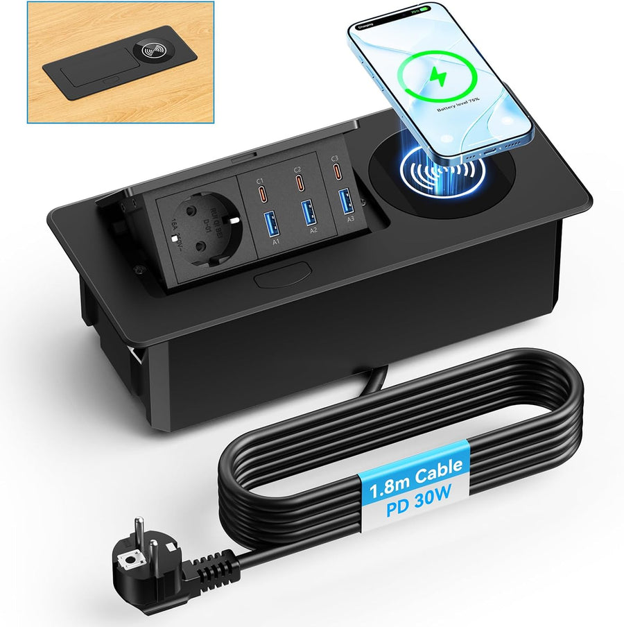 Alpheus Prise Encastrable Plan de Travail, Charge sans Fil 15W, USB-C1 30W 3 USB-C, 3 USB-A, 1 Prise Secteur, Câble 1,8m, pour Bureau, Table de Réunion, Plan de Travail et ilot de Cuisine,10A/2500W