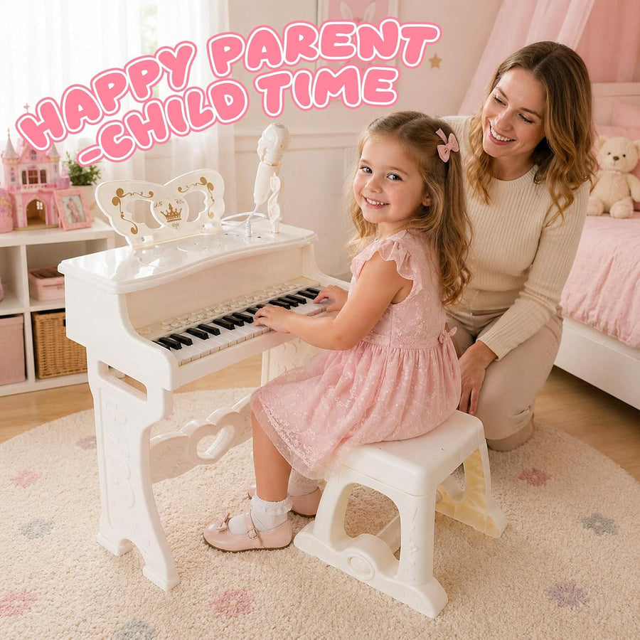 Jouet Piano Enfant, Piano Numérique 37 Touches pour Enfants avec Tabouret & Microphone, Piano Electronique Portable avec Microphone