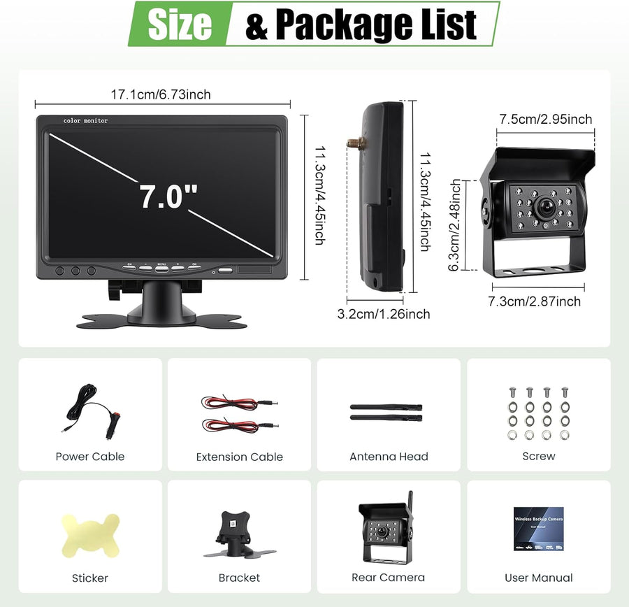 Caméra de Recul sans Fil, Moniteur 7", Caméra Arrière pour Vision Nocturne Infrarouge, Étanche IP68, BSD, Camera de Recul Kit pour Camion Camping Car Tracteur agricole, 12V-36V