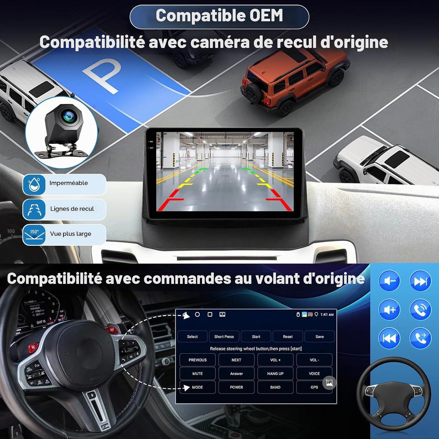 Autoradio Android pour Ford Fiesta 2009-2017: 2GB+64GB Écran Tactile IPS 9 Pouces 1280x720P pour Fiesta avec sans Fil CarPlay Android Auto, GPS, WiFi, Bluetooth 5.0, Écran Partagé + Caméra de Recul