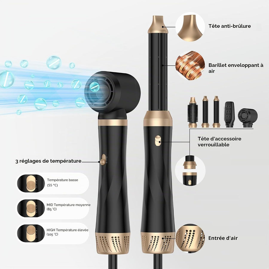 Airstyler 5 en 1 Brosse Soufflante Air Styler set Hair Styler Airbrush Fer a Boucler Brosse Soufflante Brosse Lissante Pour Cheveux, Kit de coiffure
