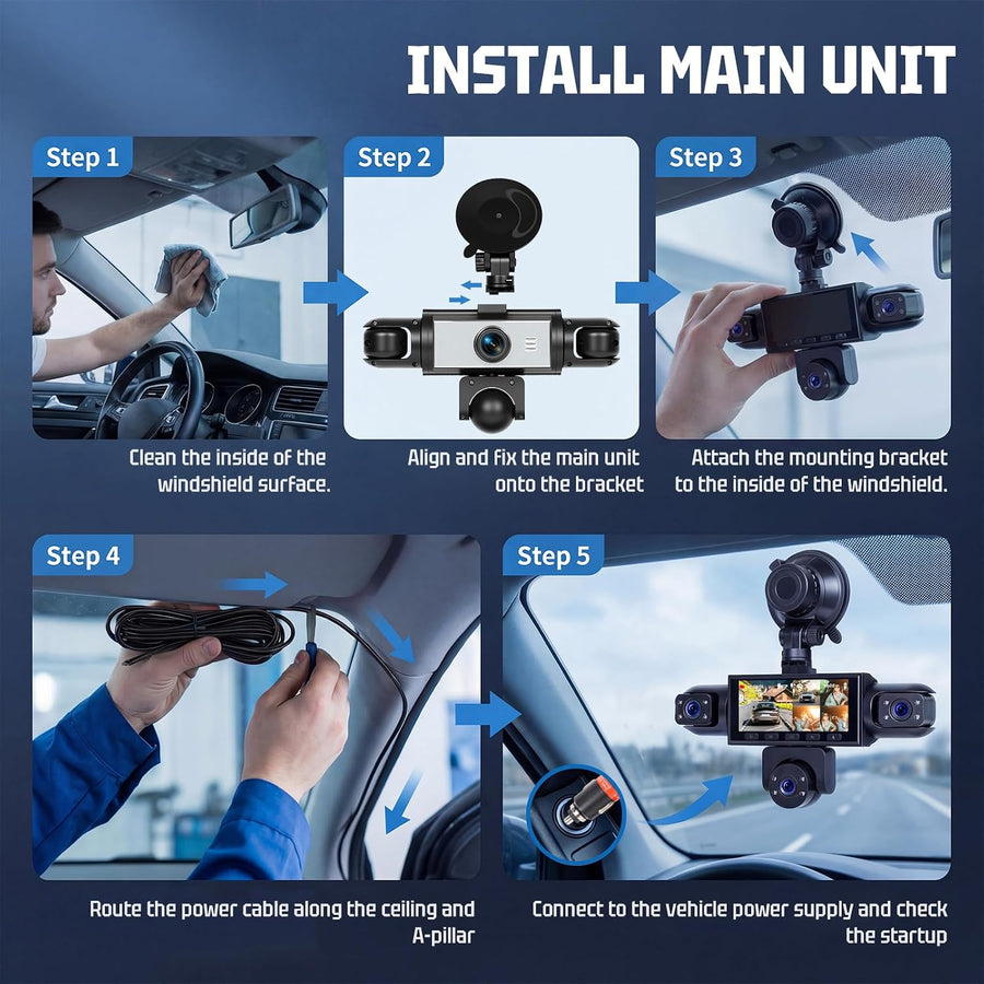 Caméra embarquée 5 canaux 1080P Avant arrière intérieur, écran IPS 3,16" | Dashcam Voiture 360 Degrés, surveillance de stationnement 24 heures, capteur G, enregistrement en boucle, installation facile