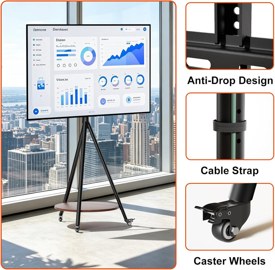 Support TV Roulant 40 à 75 Pouces, Charge Max 50 kg, réglable en Hauteur avec roulettes et étagère