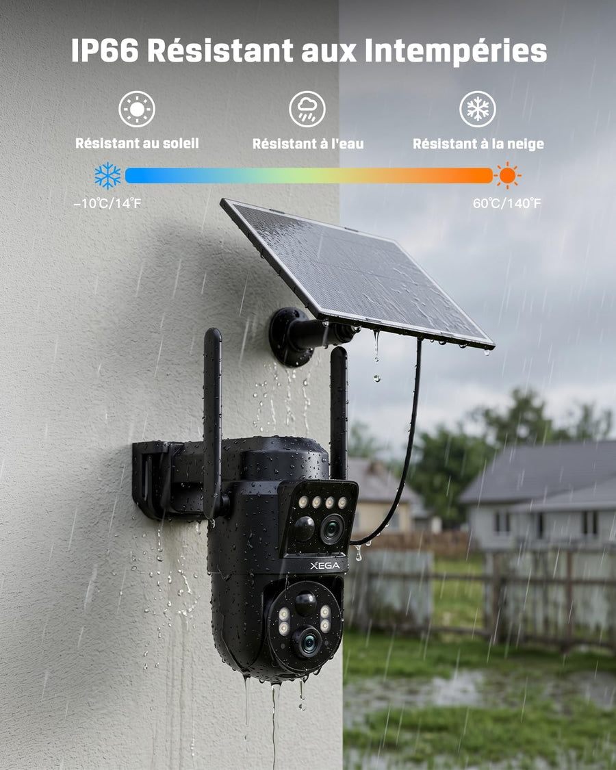 Caméra Solaire 4G LTE Double Objectif avec Carte SIM Extérieure 8W Panneau Solaire, Batterie 12000mAh, Résolution 1080P, Détection Humaine PIR, Vision Nocturne Couleur, Audio Bidirectionnel