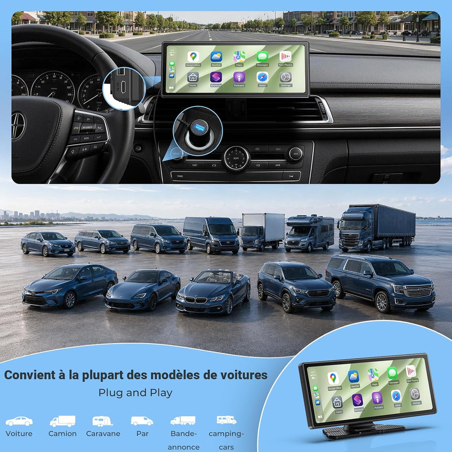 Écran CarPlay sans Fil 10,26" pour Voiture, CarPlay & Android Auto Compatible Avec les Commandes au Volant, Mirror Link et AirPlay,Bluetooth, l'Égaliseur, la Commande Vocale,l'Entrée AUX/FM