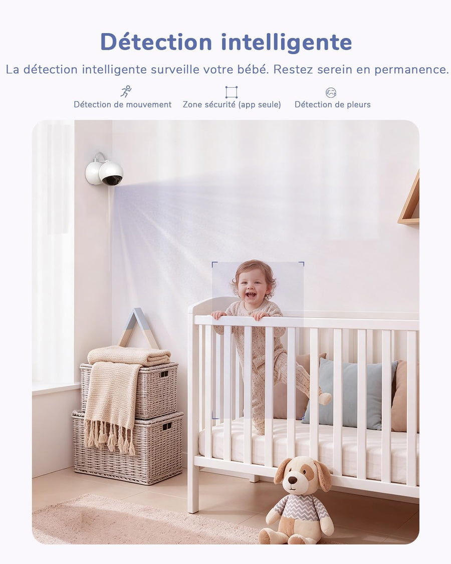 Écran Tactile 6.5" & Écran partagé, WiFi Babyphone Caméra, App, 360° Zoom à deux doigts & Zoom 5X, 4MP, HDR Vision Nocturne, Audio bidirectionnel, Détection des pleurs & température