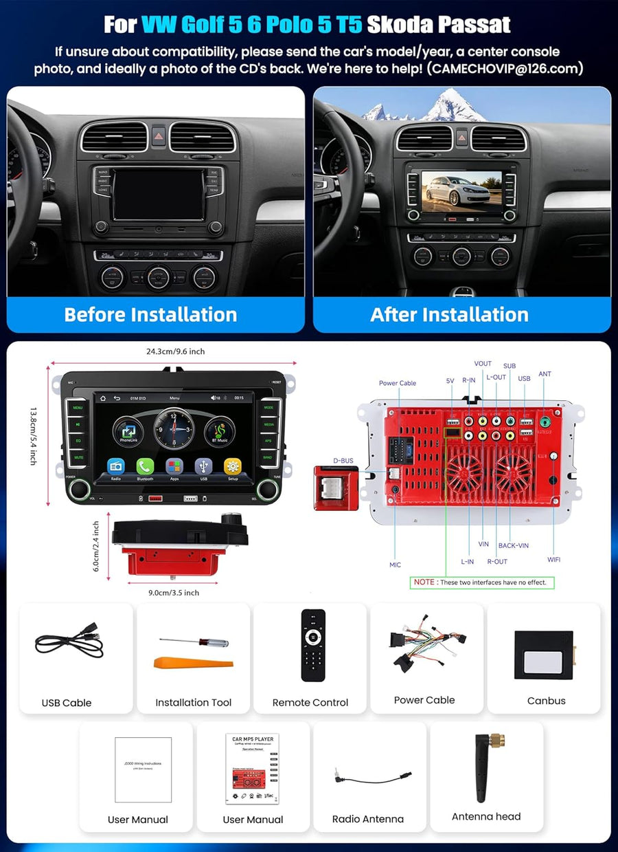 VW Golf 5 CarPlay Autoradio pour VW Golf 6 Polo avec Android Auto, 7'' IPS Ecran Tactile 2 Din Poste Radio Voiture pour Golf 5 avec Bluetooth AM/FM/RDS Mirror Link Deux Ports USB SWC + Canbus