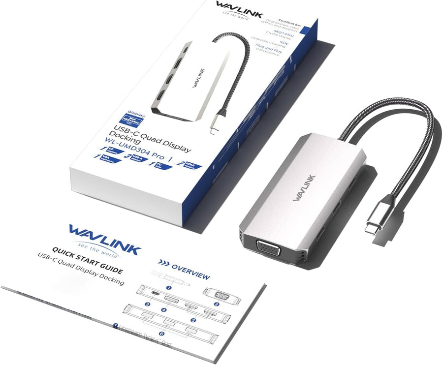 Station d'accueil USB C pour ordinateur portable, quatre moniteurs avec double HDMI, DP, VGA, PD 100 W, 3 ports USB 2.0 pour appareil sans fil, compatible avec Lenovo, HP, Dell, Windows System