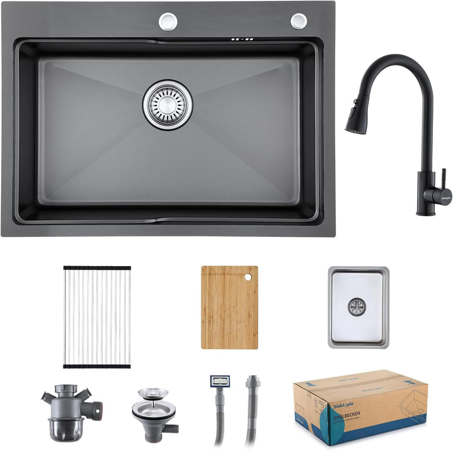 Évier Multifonction Inox Évier 1 Bac Grand Evier de Cuisine 68×48 cm Lavabo Cuisine avec Robinet Coulissant Résistant aux Rayures Vidange Rapide Avec Accessoires et Kit de tri des Déchets