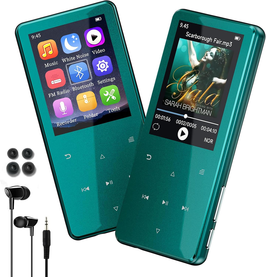 Lecteur MP3 Bluetooth 5.3 64Go écran 2,4" Touches tactiles Haut-Parleur Boîtier en métal, 45 h d'autonomie, 18 sons relaxants, radio FM, extensible jusqu'à 128Go