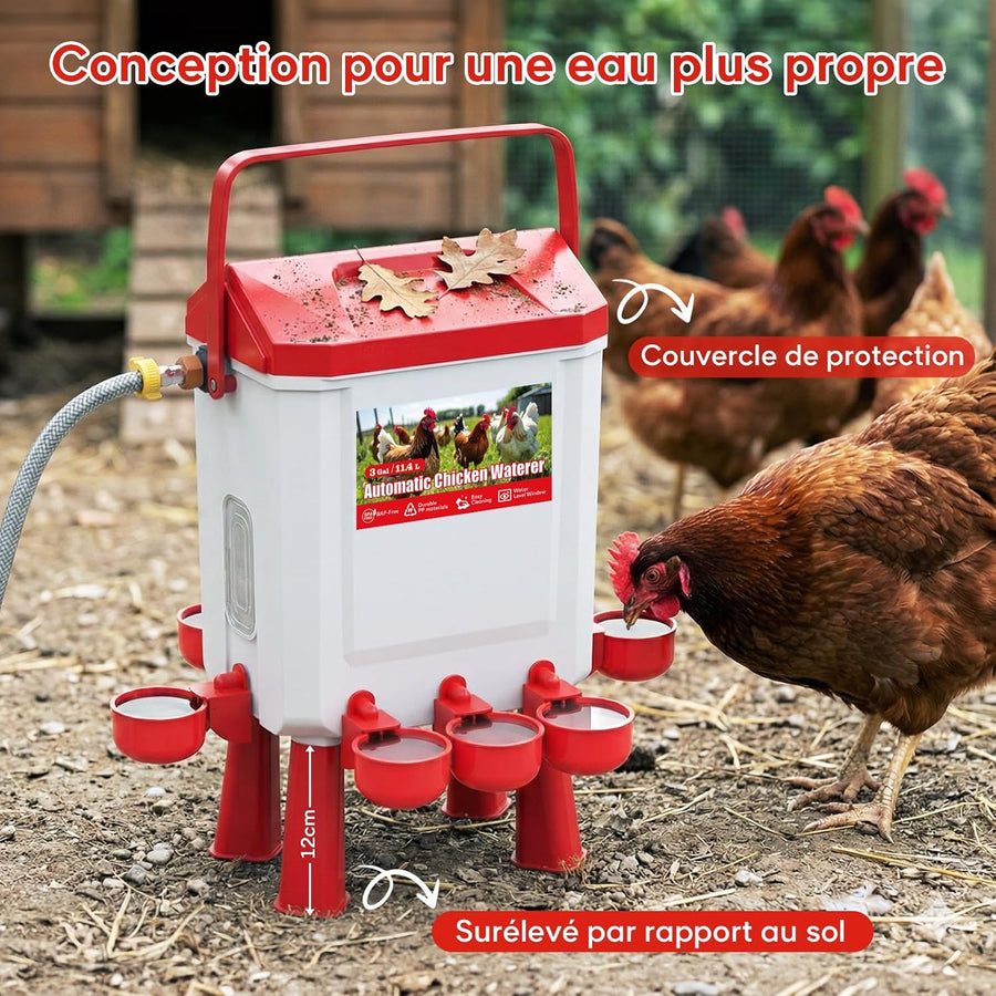 Abreuvoir Poules Automatique 10 litres avec Pieds, 8 Bols, Flotteur Filtré Contrôlé