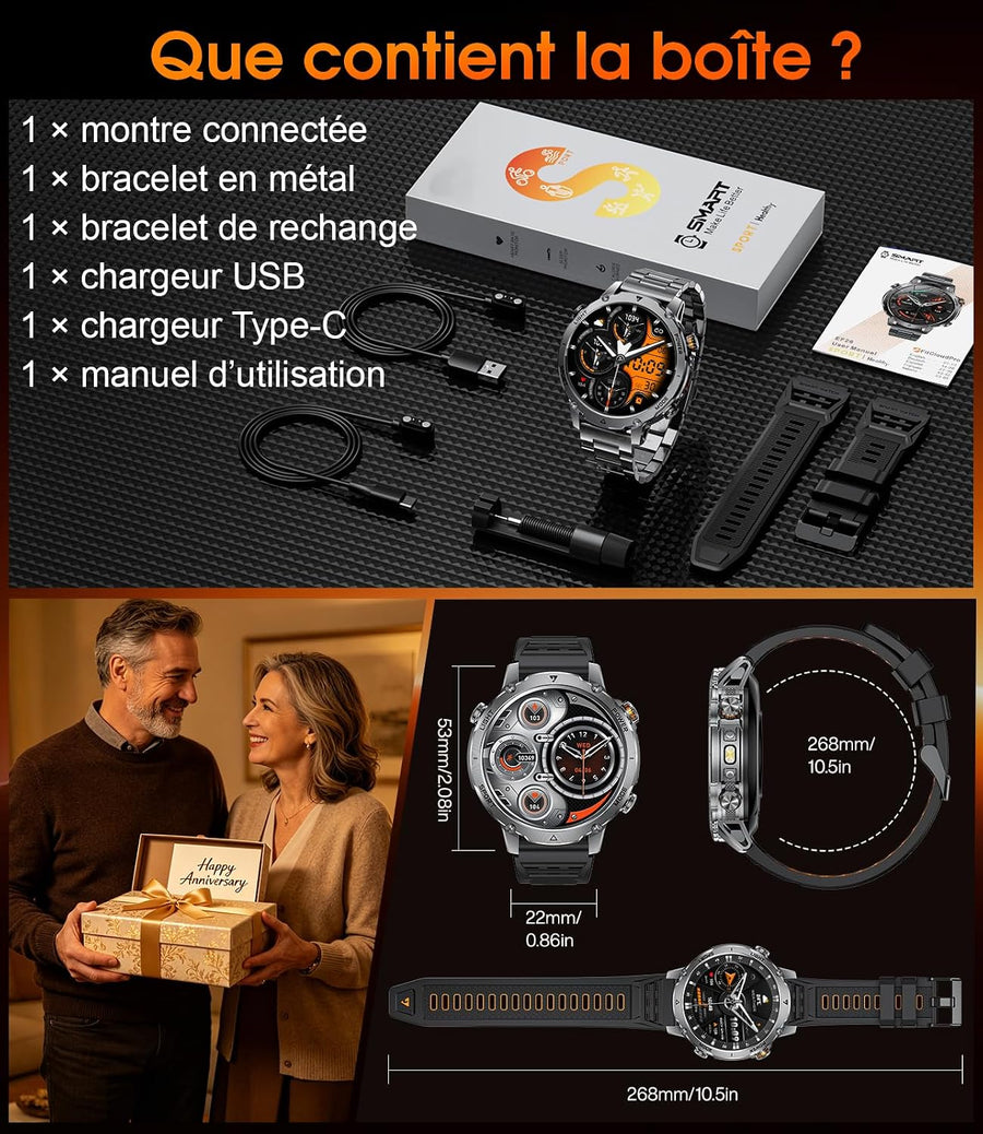 Montre Connectée Homme, Batterie 1400mAh, Écran HD 1,7 Pouce, Lampe LED, 110+ Modes Sport Montre Militaire Homme, Suivi Sommeil, IP68 Étanche, Smartwatch pour Android iOS, 2 Bracelets, Noir Gris