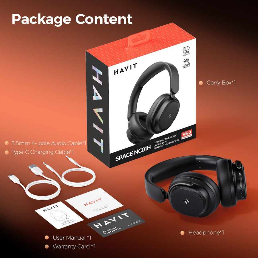 Casque hybride à suppression active du bruit, casque supra-auriculaire Bluetooth avec 4 micro ENC, 132 heures de lecture, casque pliable avec basses profondes, Bluetooth 6