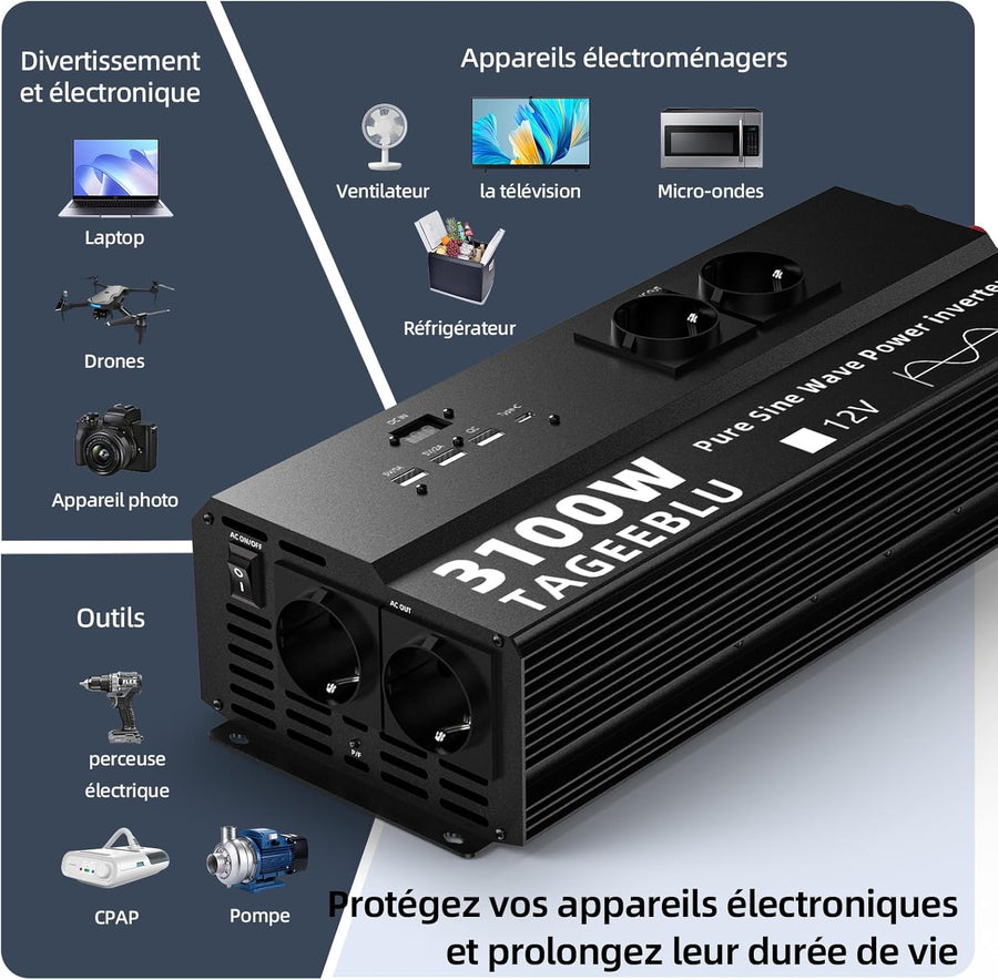 3100W Pur Sinus convertisseur 12v 220v, transformateur 12v 220v avec écran LCD, 4 Prise UE, Type C 30W, Charge Rapide USB 25W, 3 Ports USB