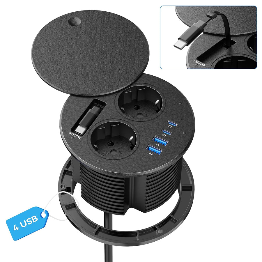 Multiprise Encastrable avec Câble USB-C Rétractable PD 35W, Noir | Prise Encastrable Plan de Travail, 2 USB-C, 2 USB-A, 1,8M Câble, Bloc Prise Escamotable avec Couvercle, Découpe Ø100 mm